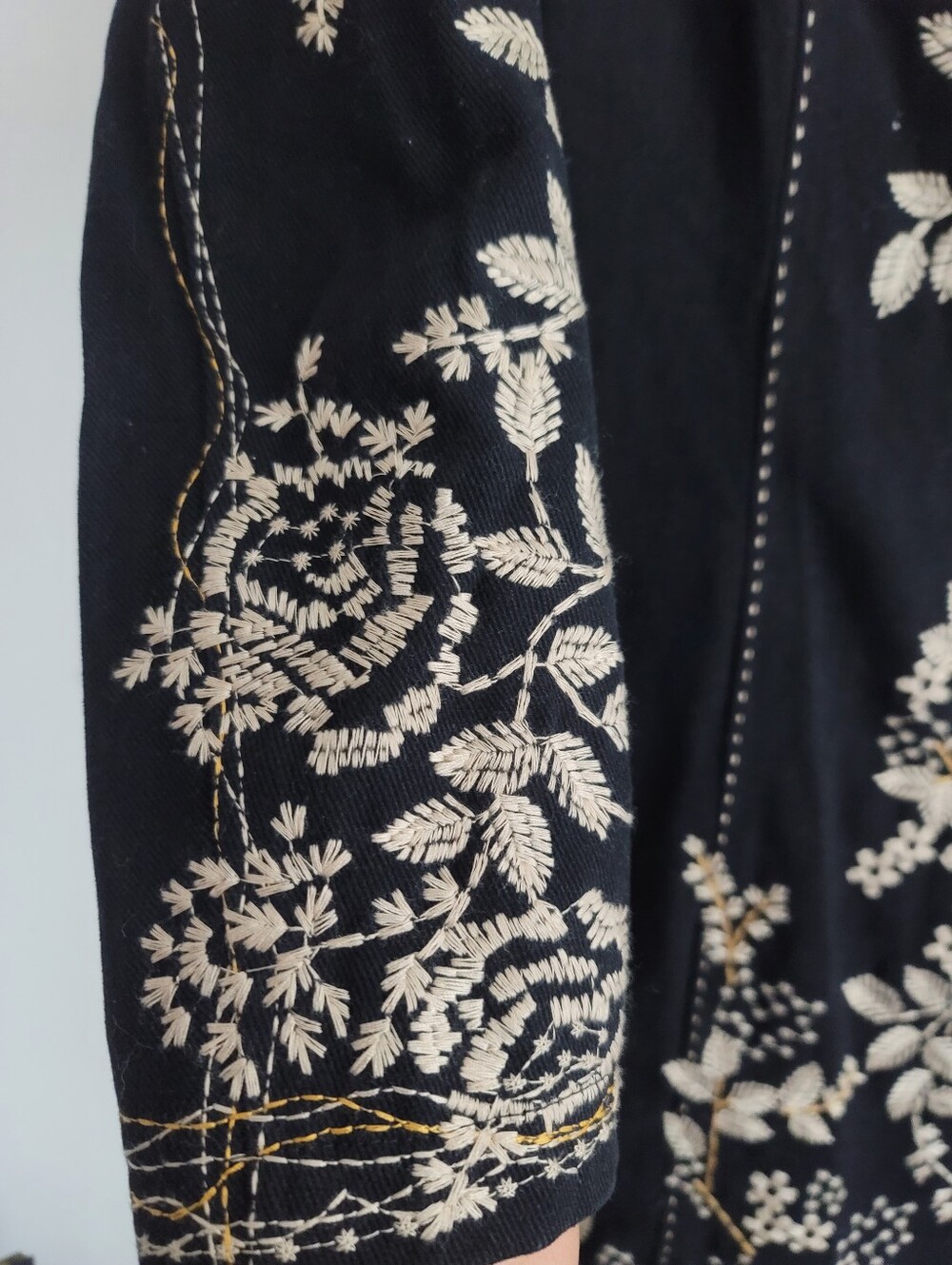 Floral Embroidered Boho Structured Coat Neutral Size Large 100% Cotton Black - Picture 5 of 12